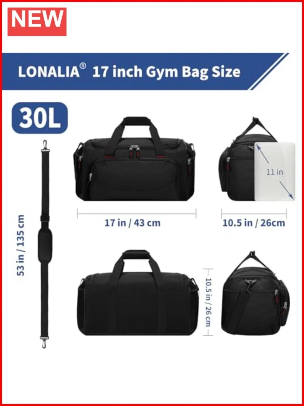 30L Gym Sport Duffle Bag - 17 inch Carry on Weekender Overnight Bag for Travel